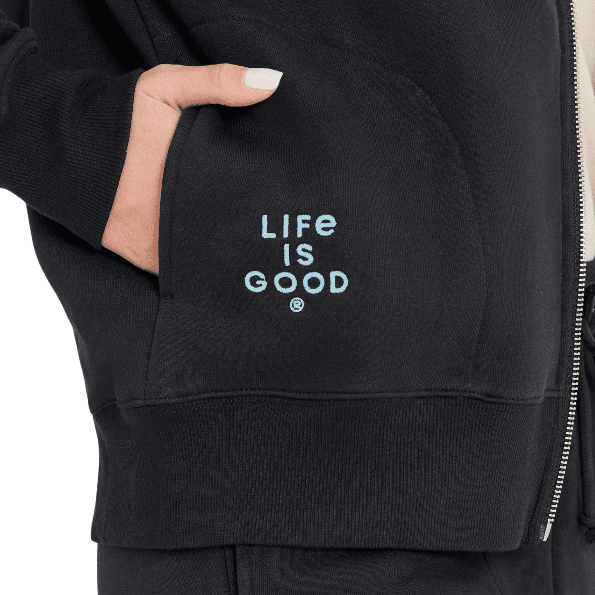 Life Is Good Women's Crafty LIG Stacked Good Vibes Fleece Zip Hoodie - True Black - Image 2