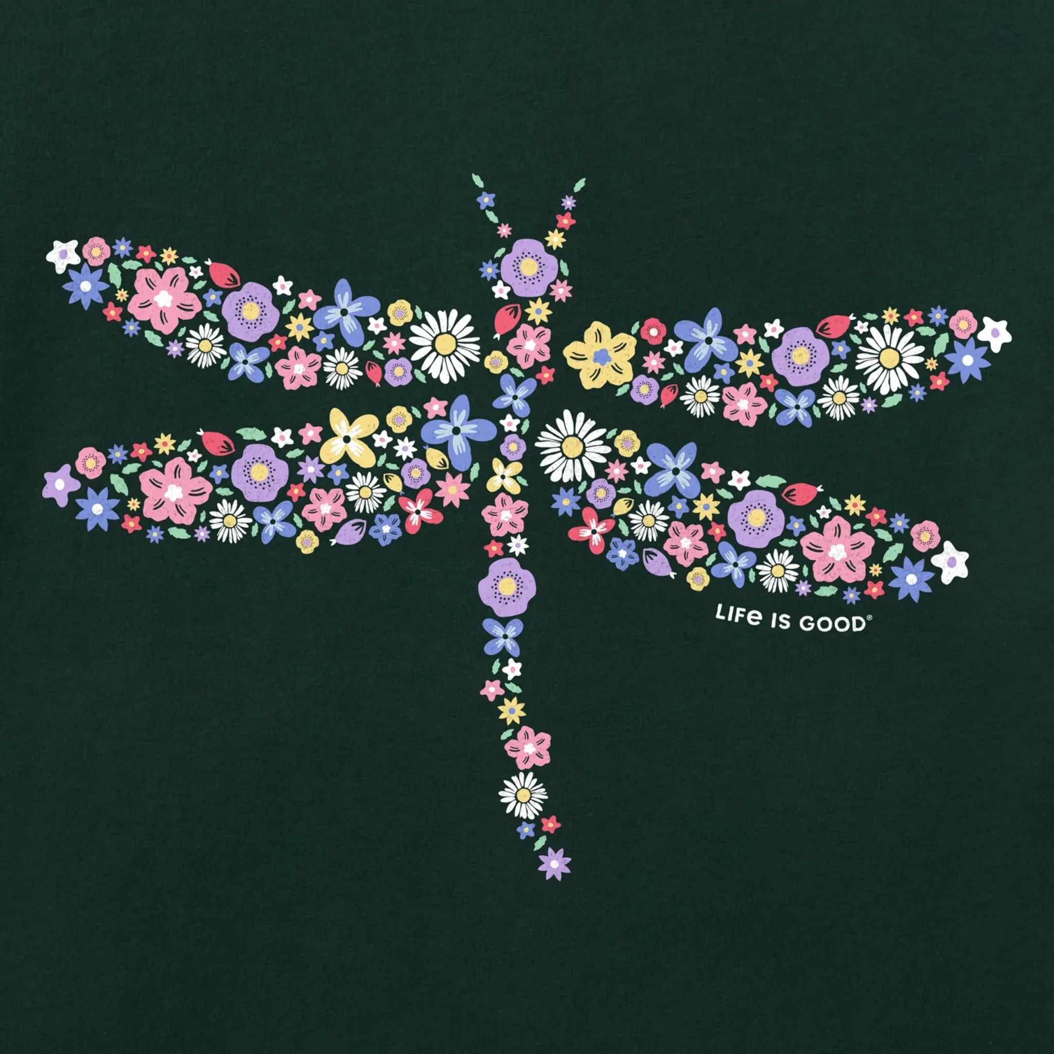 Life Is Good Women's Dragonfly Flowers Short Sleeve Tee - Treeline Green - Image 2