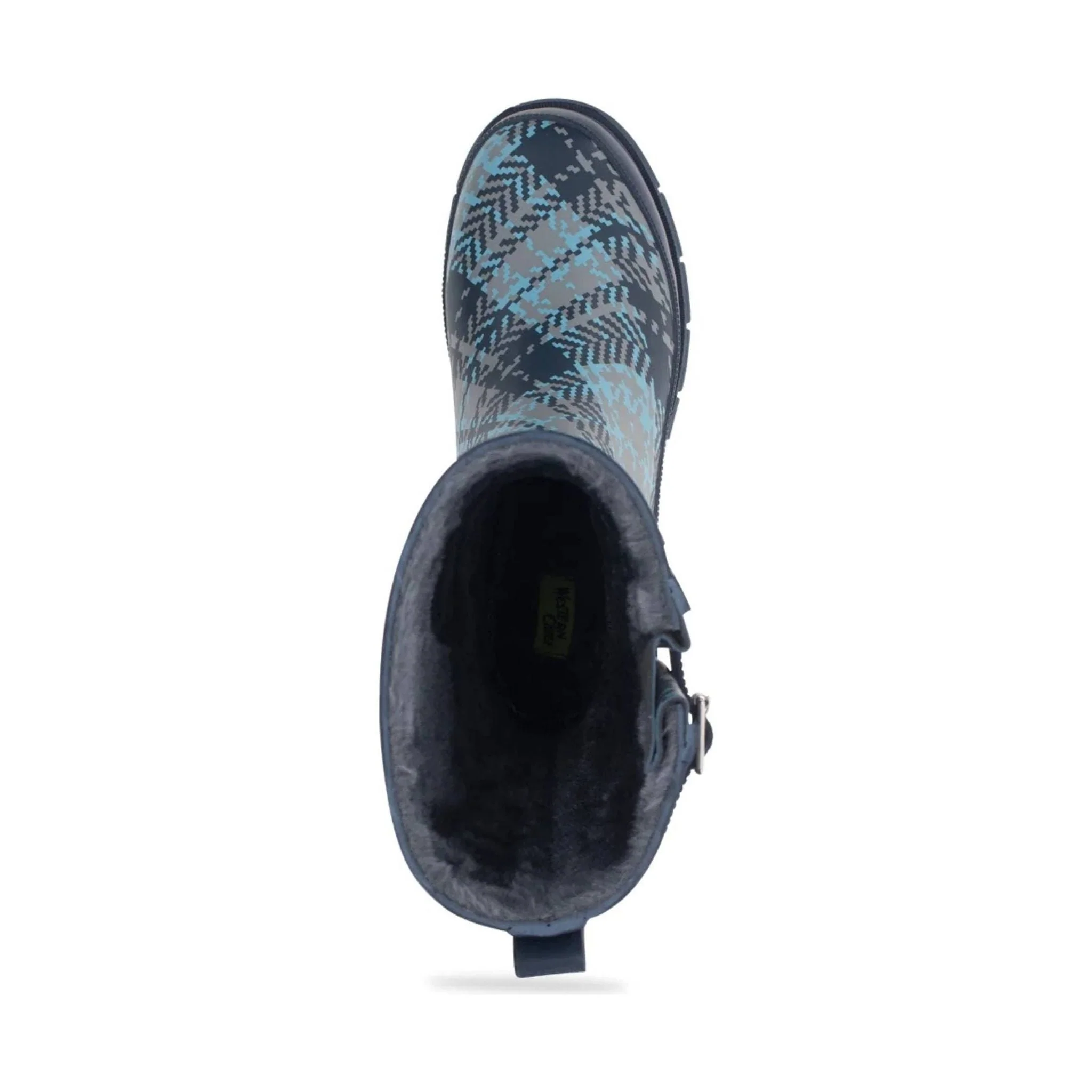 Western Tweed Plaid Faux Fur Mid Rain Boot - Blue Plaid - Image 5
